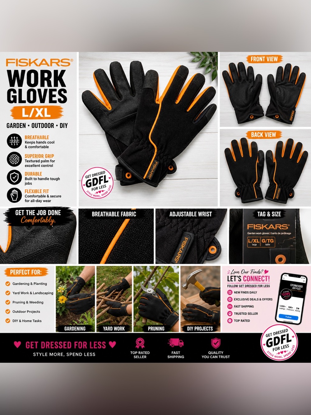 Fiskars Work Gloves L XL Garden Outdoor Breathable Grip Durable Black Orange